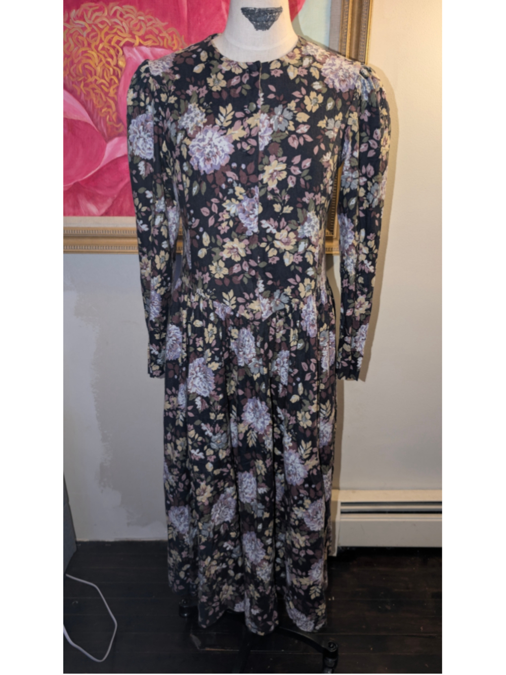 Vintage Laura Ashley Floral Midi Dress, Black and Purple